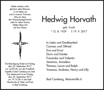 Traueranzeige von Hedwig Horvath von  Camberger Anzeiger