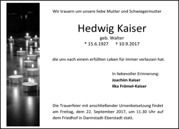 Traueranzeige von Hedwig Kaiser von Trauerportal Echo Online