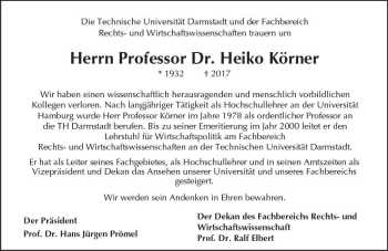 Traueranzeige von Heiko Körner von Trauerportal Echo Online