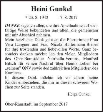 Traueranzeige von Heini Gunkel von Trauerportal Echo Online