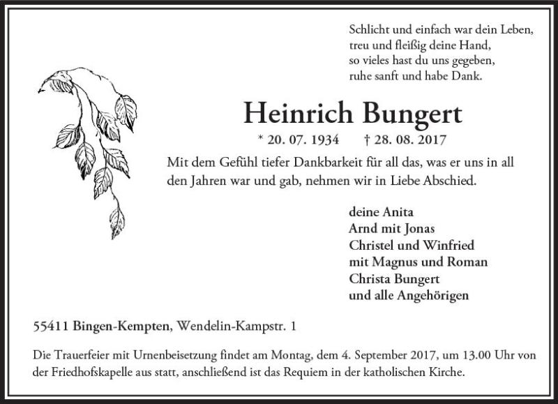 Traueranzeige für Heinrich Bungert vom 01.09.2017 aus Trauerportal Rhein Main Presse