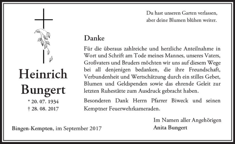 Traueranzeige für Heinrich Bungert vom 22.09.2017 aus Trauerportal Rhein Main Presse