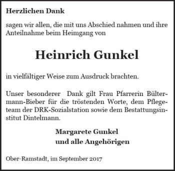 Traueranzeige von Heinrich Gunkel von Trauerportal Echo Online