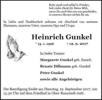Traueranzeige von Heinrich Gunkel von Trauerportal Echo Online