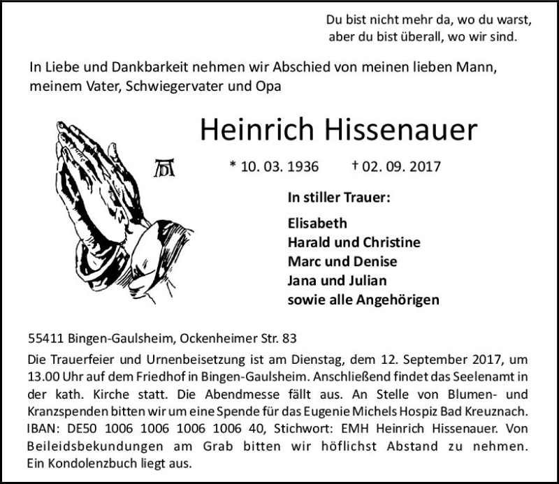  Traueranzeige für Heinrich Hissenauer vom 11.09.2017 aus Trauerportal Rhein Main Presse