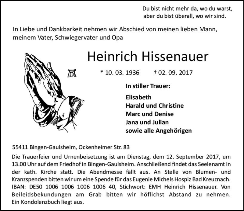  Traueranzeige für Heinrich Hissenauer vom 09.09.2017 aus Trauerportal Rhein Main Presse