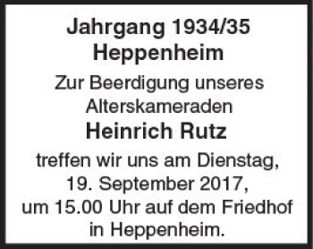 Traueranzeige von Heinrich Rutz von Trauerportal Echo Online