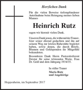 Traueranzeige von Heinrich Rutz von Trauerportal Echo Online