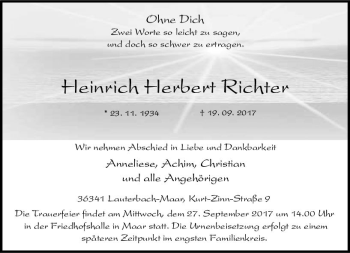 Traueranzeige von Heinrich Herbert Richter von VRM Trauer