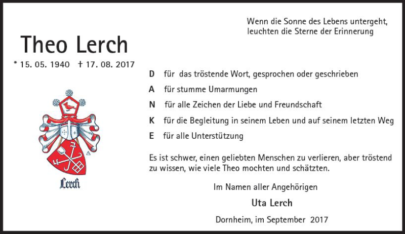  Traueranzeige für Heinrich Theodor Lerch vom 16.09.2017 aus Trauerportal Echo Online