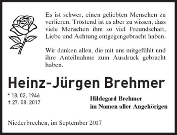 Traueranzeige von Heinz-Jürgen Brehmer von  Camberger Anzeiger