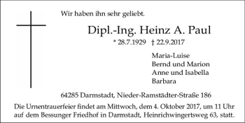 Traueranzeige von Heinz  Paul von Trauerportal Echo Online