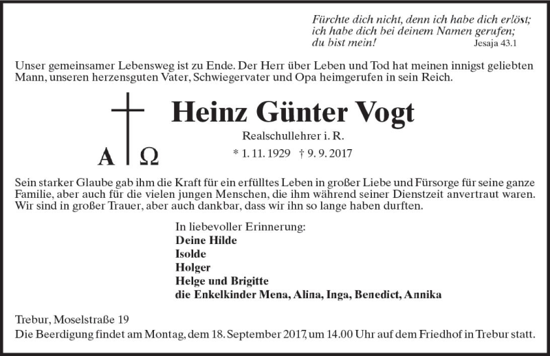  Traueranzeige für Heinz Günter Vogt vom 15.09.2017 aus Trauerportal Echo Online