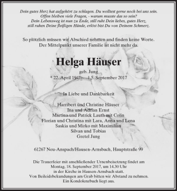 Traueranzeige von Helga Häuser von  Usinger Anzeiger