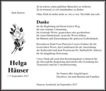 Traueranzeige von Helga Häuser von  Usinger Anzeiger