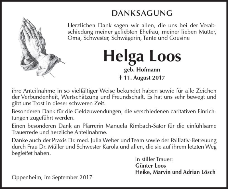  Traueranzeige für Helga Loos vom 30.09.2017 aus Trauerportal Rhein Main Presse