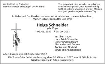Traueranzeige von Helga Schneider von  Gießener Anzeiger