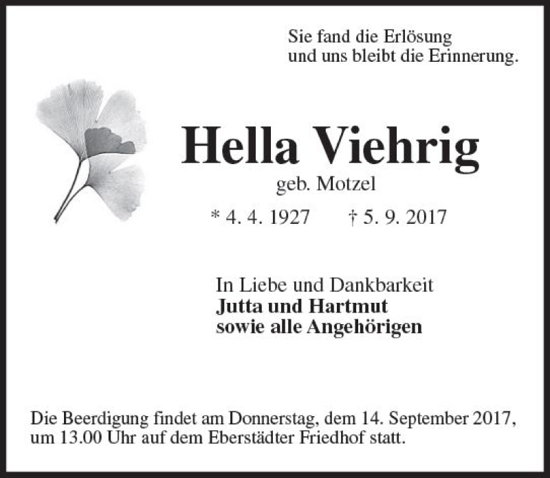  Traueranzeige für Hella Viehrig vom 09.09.2017 aus Trauerportal Echo Online