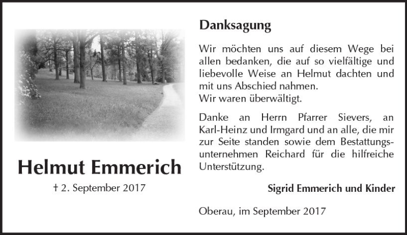  Traueranzeige für Helmut Emmerich vom 23.09.2017 aus  Kreisanzeiger