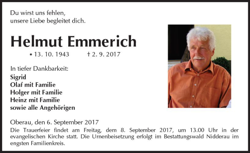  Traueranzeige für Helmut Emmerich vom 06.09.2017 aus  Kreisanzeiger
