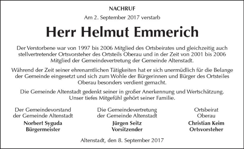  Traueranzeige für Helmut Emmerich vom 08.09.2017 aus  Kreisanzeiger