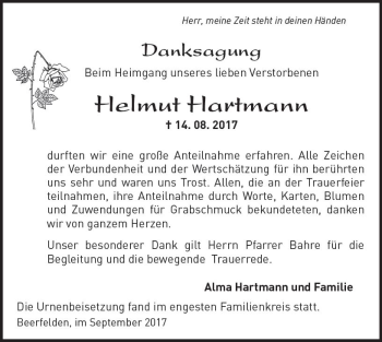 Traueranzeige von Helmut Hartmann von Trauerportal Echo Online