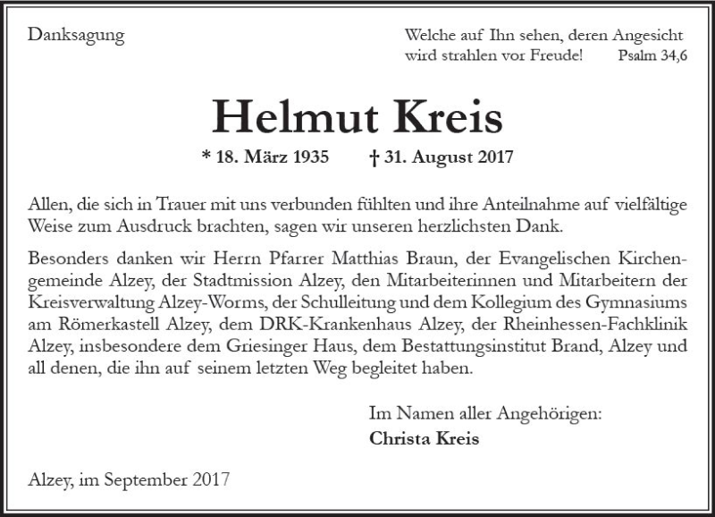  Traueranzeige für Helmut Kreis vom 23.09.2017 aus Trauerportal Rhein Main Presse