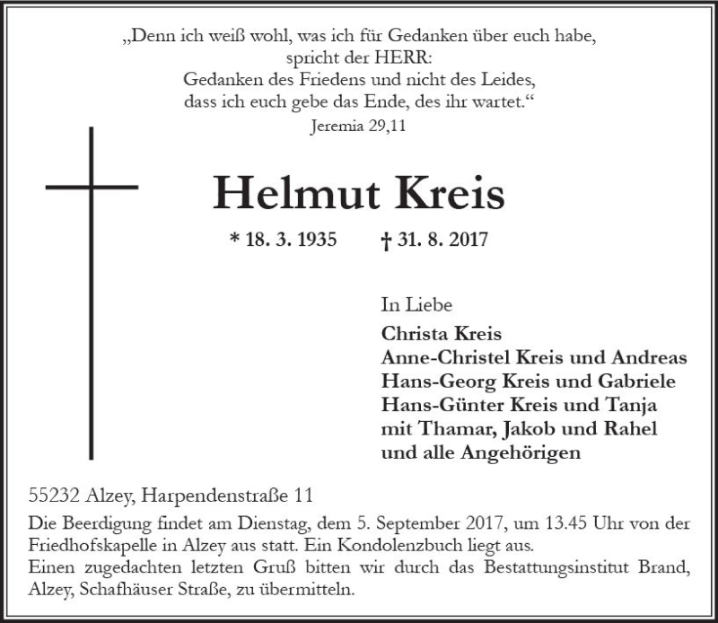  Traueranzeige für Helmut Kreis vom 02.09.2017 aus Trauerportal Rhein Main Presse