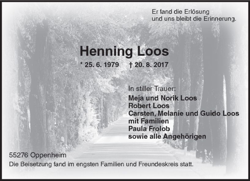  Traueranzeige für Henning Loos vom 02.09.2017 aus Trauerportal Rhein Main Presse