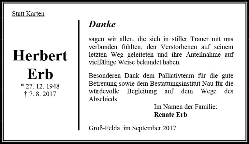  Traueranzeige für Herbert Erb vom 09.09.2017 aus VRM Trauer