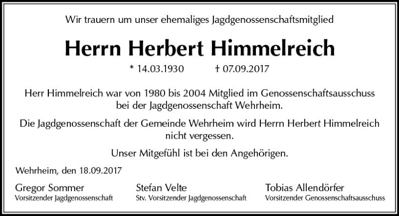  Traueranzeige für Herbert Himmelreich vom 19.09.2017 aus  Usinger Anzeiger