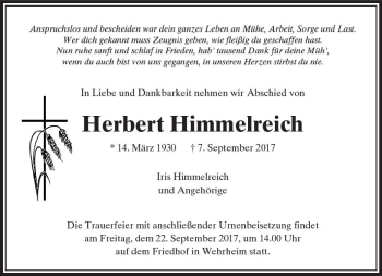 Traueranzeige von Herbert Himmelreich von  Usinger Anzeiger