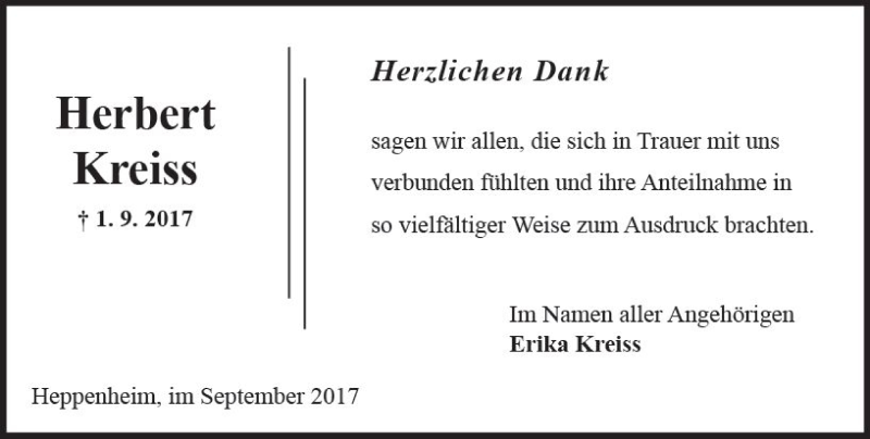  Traueranzeige für Herbert Kreiss vom 30.09.2017 aus Trauerportal Echo Online