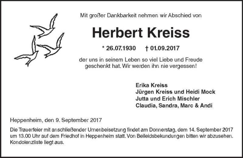  Traueranzeige für Herbert Kreiss vom 09.09.2017 aus Trauerportal Echo Online