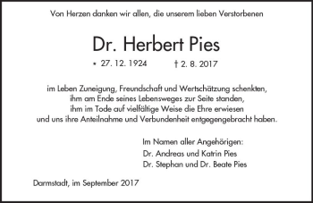 Traueranzeige von Herbert Pies von Trauerportal Echo Online