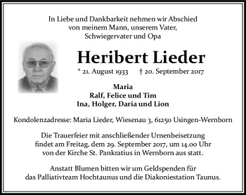 Traueranzeige von Heribert Lieder von  Usinger Anzeiger
