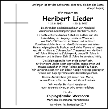 Traueranzeige von Heribert Lieder von  Usinger Anzeiger
