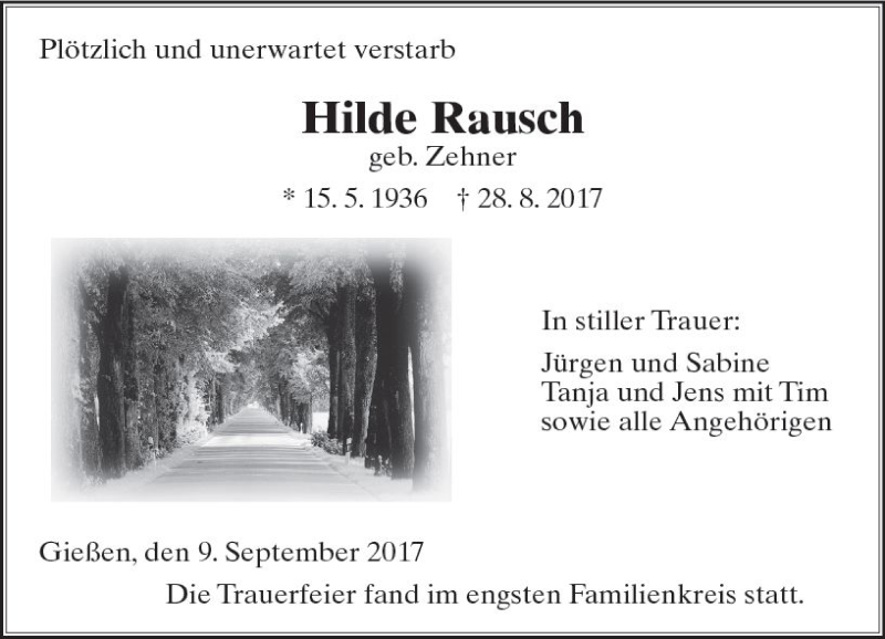  Traueranzeige für Hilde Rausch vom 09.09.2017 aus  Gießener Anzeiger