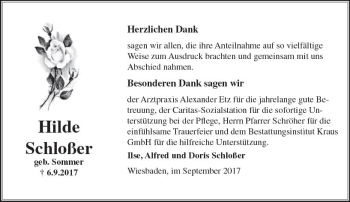 Traueranzeige von Hilde Schloßer von Trauerportal Rhein Main Presse