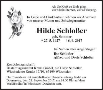 Traueranzeige von Hilde Schloßer von Trauerportal Rhein Main Presse