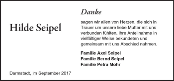 Traueranzeige von Hilde Seipel von Trauerportal Echo Online