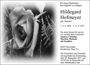 Traueranzeige von Hildegard Hofmeyer von Trauerportal Echo Online