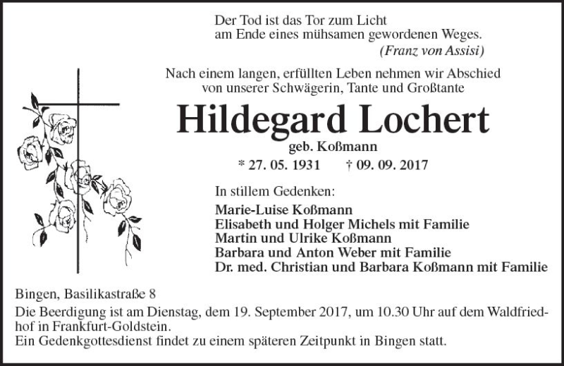  Traueranzeige für Hildegard Lochert vom 14.09.2017 aus Trauerportal Rhein Main Presse