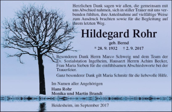 Traueranzeige von Hildegard Rohr von Trauerportal Rhein Main Presse