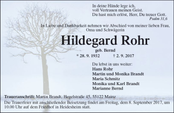 Traueranzeige von Hildegard Rohr von Trauerportal Rhein Main Presse
