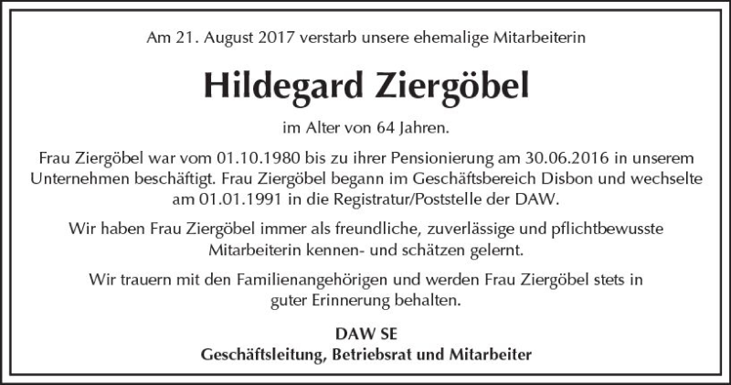  Traueranzeige für Hildegard Ziergöbel vom 09.09.2017 aus Trauerportal Echo Online
