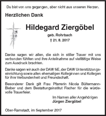 Traueranzeige von Hildegard Ziergöbel von Trauerportal Echo Online