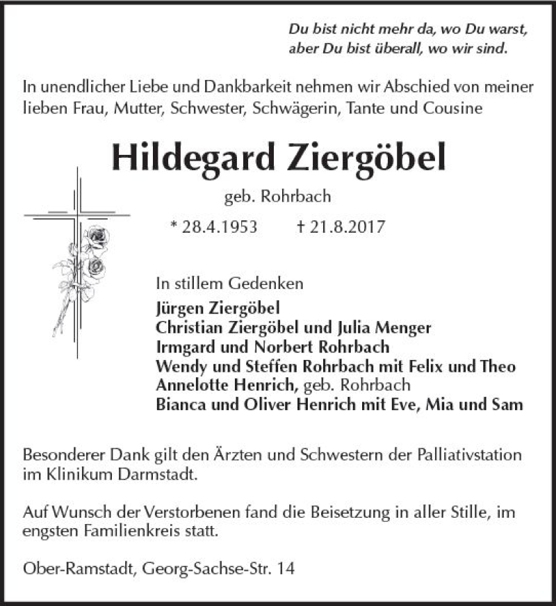  Traueranzeige für Hildegard Ziergöbel vom 09.09.2017 aus Trauerportal Echo Online