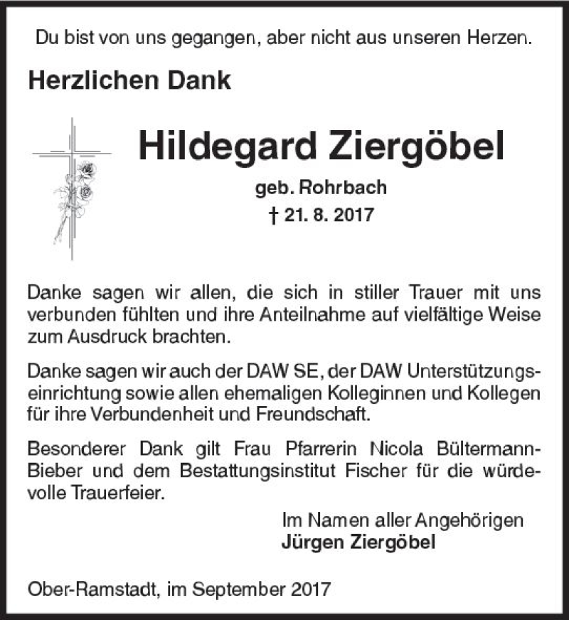  Traueranzeige für Hildegard Ziergöbel vom 30.09.2017 aus Trauerportal Echo Online