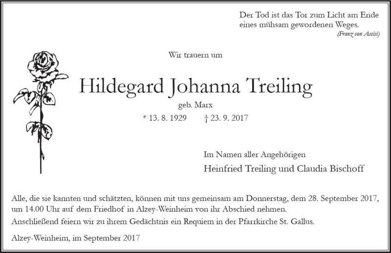  Traueranzeige für Hildegard Johanna Treiling vom 26.09.2017 aus Trauerportal Rhein Main Presse